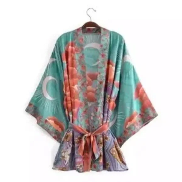 SOLD OUT Green Cosmic Galaxy Moon Boho Short Kimono Coverup Robe - Picture 2 of 11